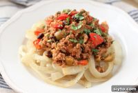 Tangy Turkey Ragu atop Sweet Spanish Onion Noodles