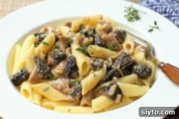 Creamy penne pasta with morel mushrooms, a gourmet spring dish.