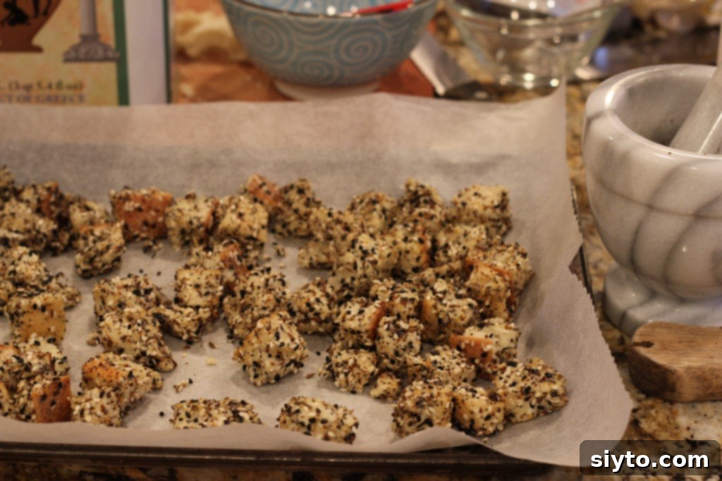 homemade croutons ready for the oven