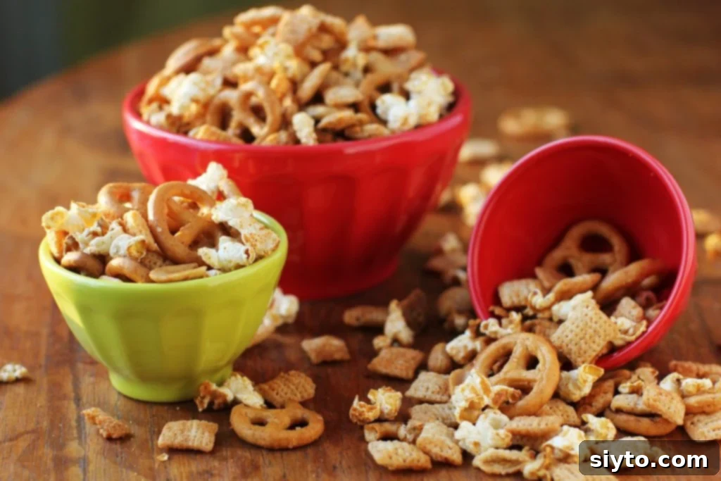 Christmas baking; popcorn party mix all dressed for Christmas
