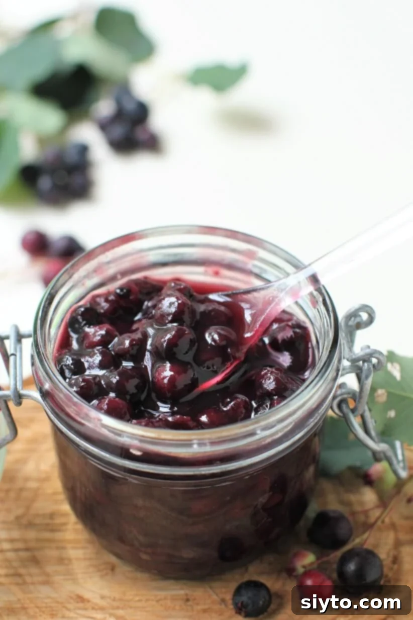 a spoonful of saskatoon pickle from the jar