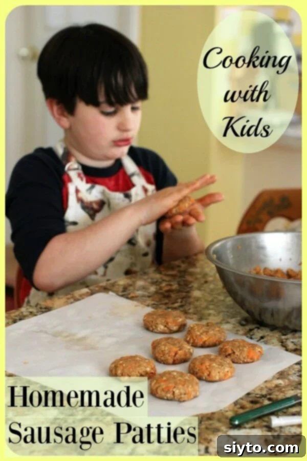 A Pinterest-optimized image highlighting homemade sausage patties as a great cooking with kids project, showing the fun and engaging process.