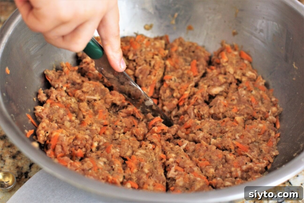 An aerial shot showing a bowl of homemade sausage meat mixture flattened and divided into eight equal wedges for easy portioning.