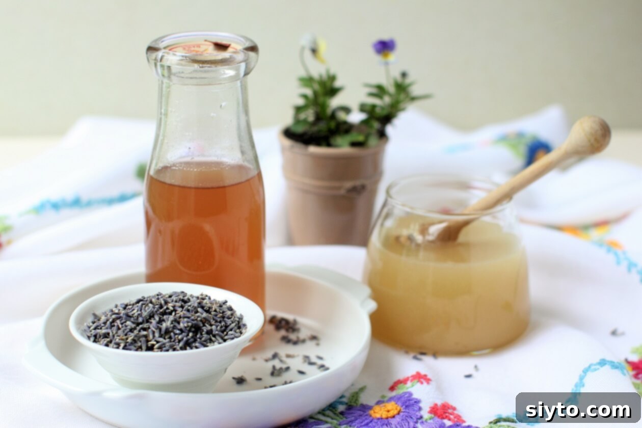 lavender syrup for a Lavender London Fog Latte, easy to make from dried lavender flowers, and honey