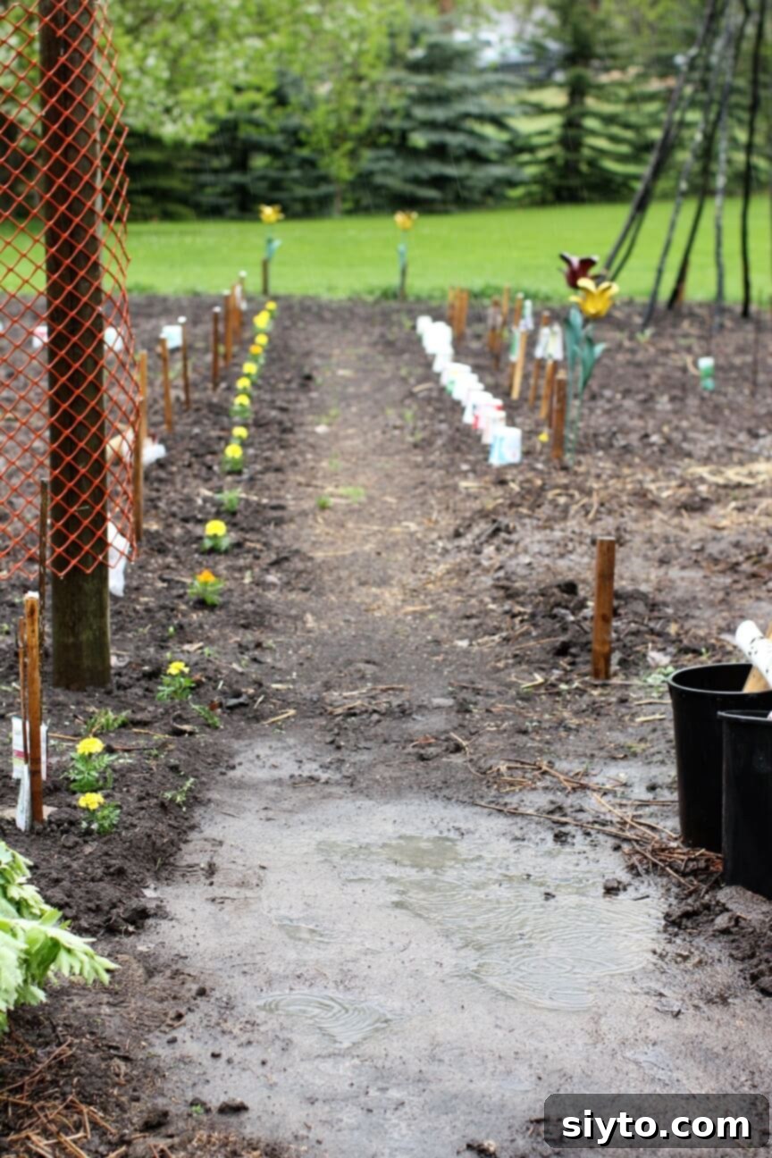big rain puddle in the newly planted garden