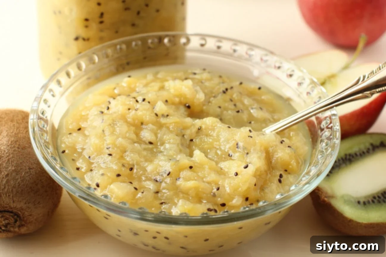 Instant Pot Applesauce No Added Sugar Plus a Kiwi Twist 11 A vibrant bowl of chunky kiwi applesauce, showcasing the delightful combination of fruits.