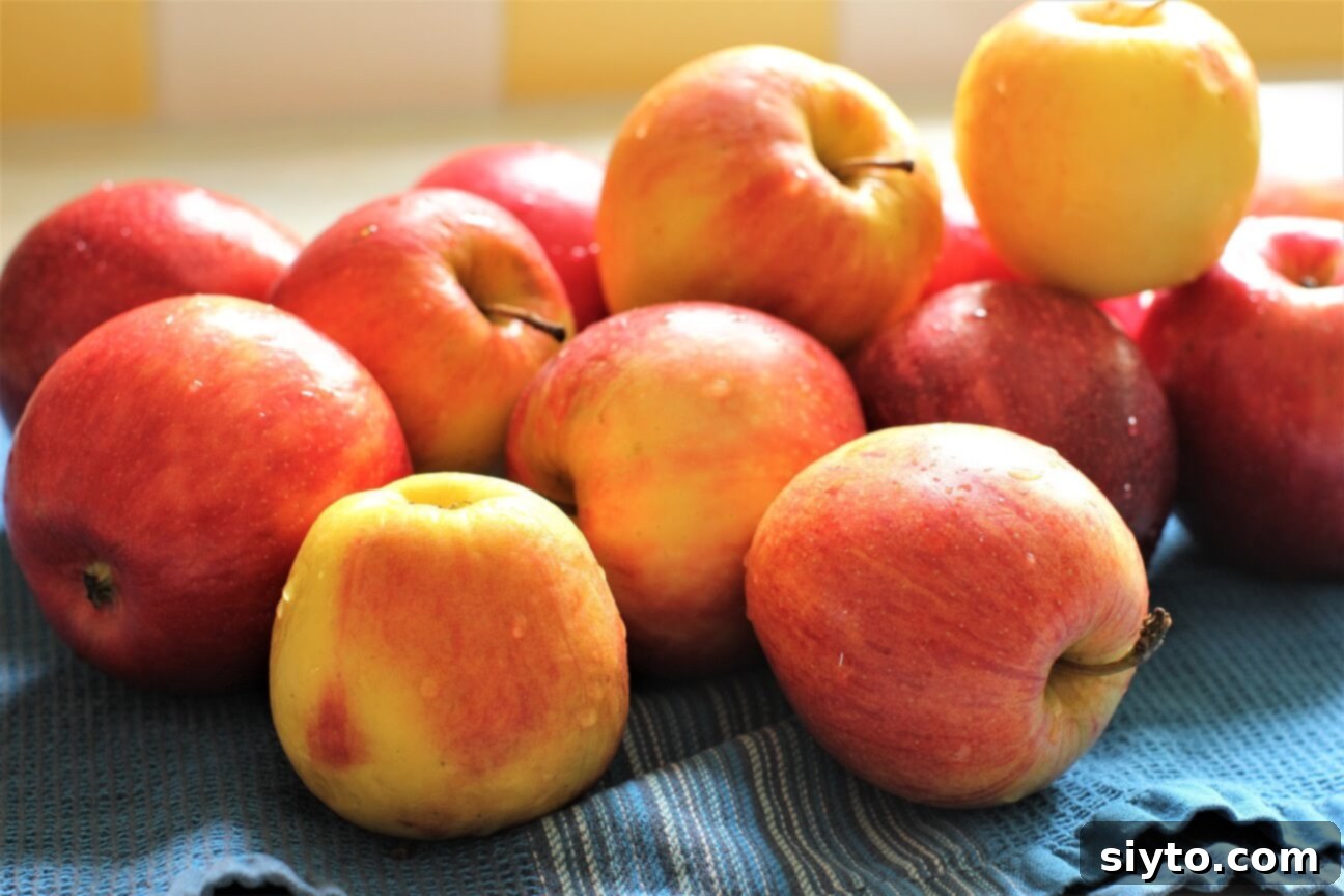 Instant Pot Applesauce No Added Sugar Plus a Kiwi Twist 4 Assorted fresh apples resting on a tea towel, ready for making applesauce.