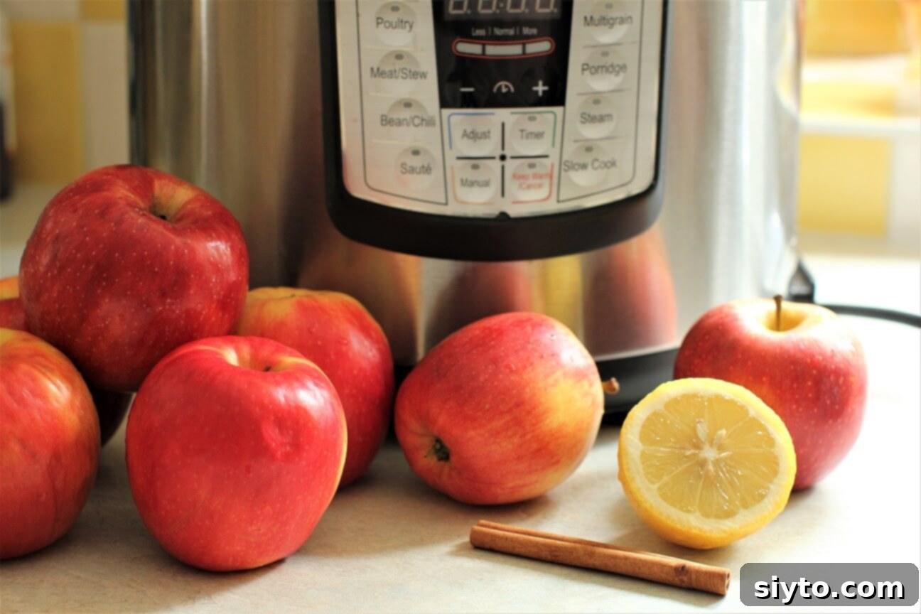 Instant Pot Applesauce No Added Sugar Plus a Kiwi Twist 5 Fresh apples displayed in front of an Instant Pot, symbolizing the start of the cooking process.