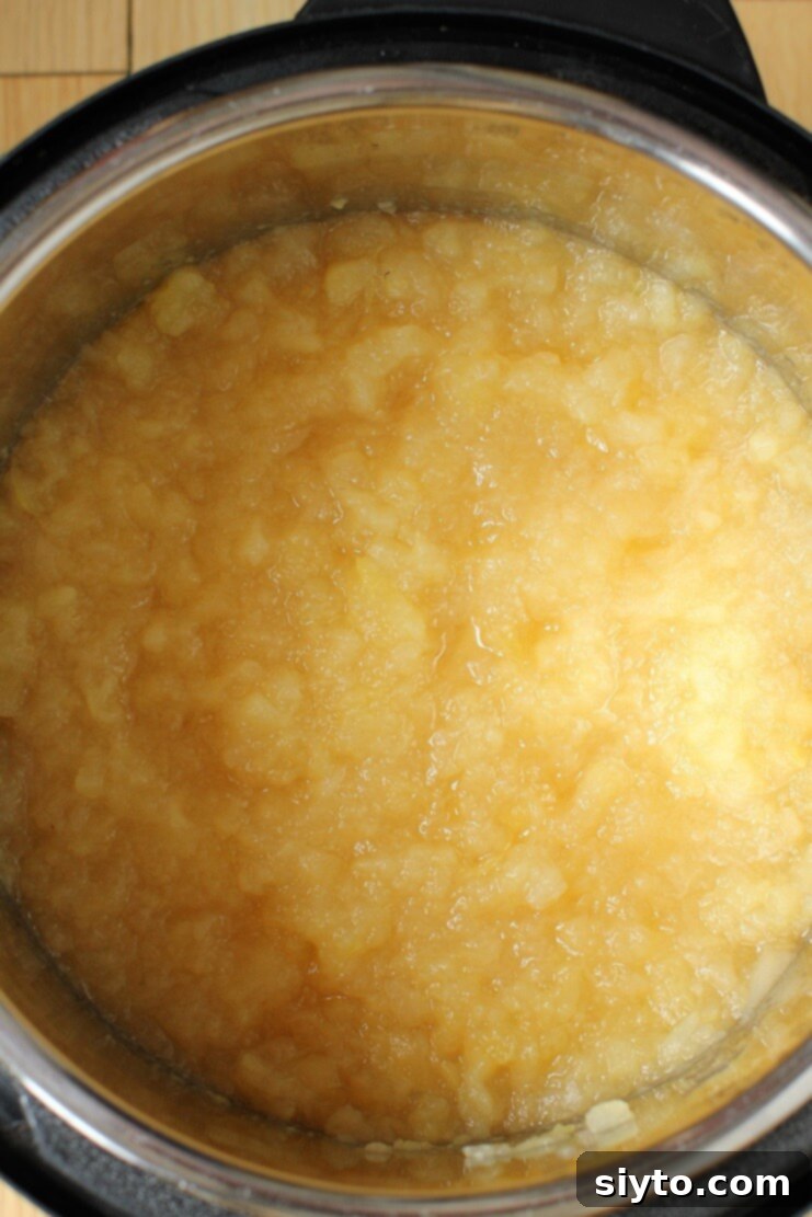 Instant Pot Applesauce No Added Sugar Plus a Kiwi Twist 7 Perfectly mashed apples in the Instant Pot, showing a delightful chunky texture.