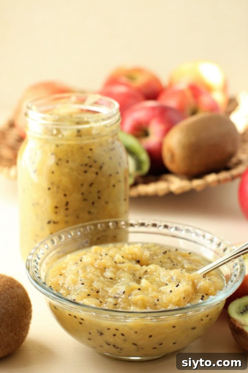 Instant Pot Applesauce No Added Sugar Plus a Kiwi Twist 9 A bowl of chunky kiwi applesauce, showing vibrant colors and distinct kiwi seeds.