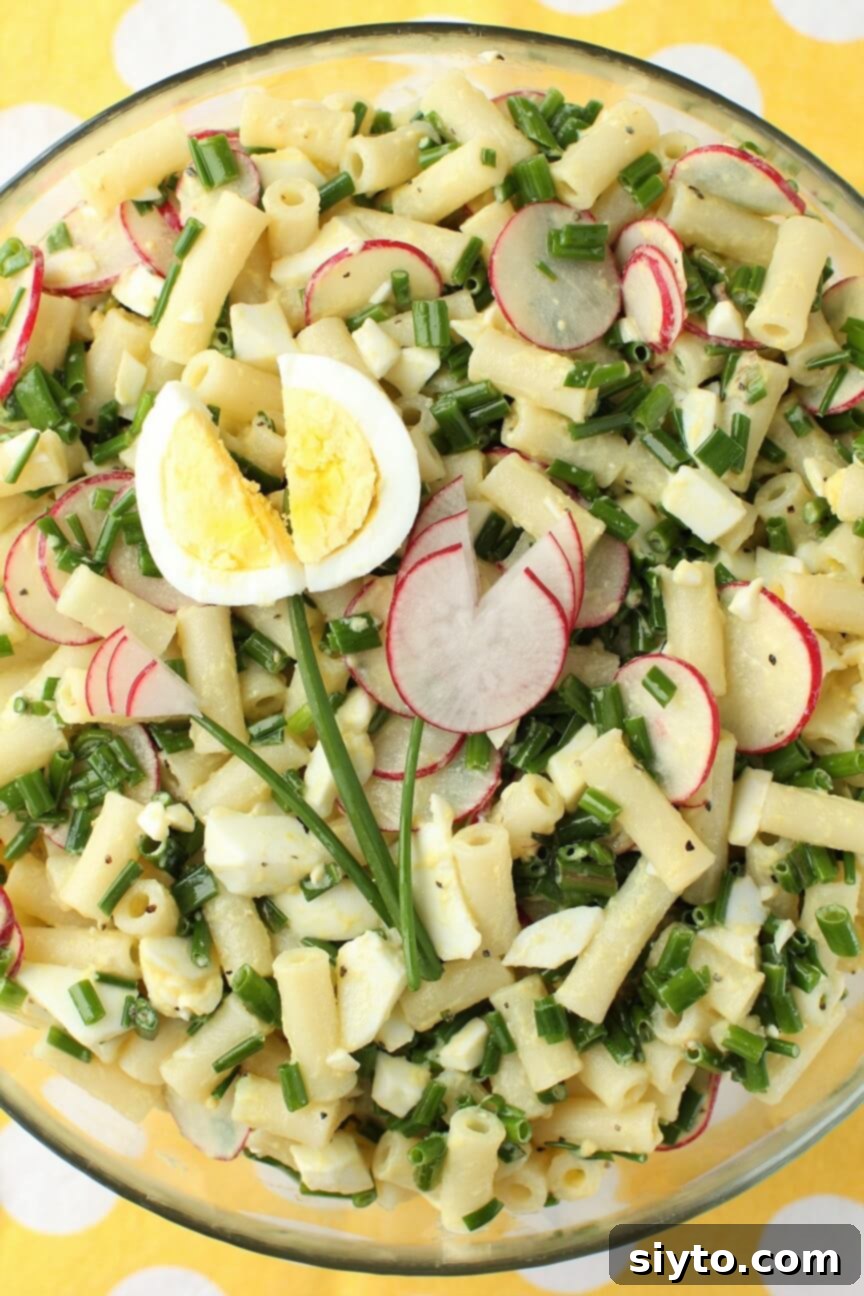 A beautifully garnished Chive & Egg Pasta Salad, highlighting fresh chives and creamy egg dressing.