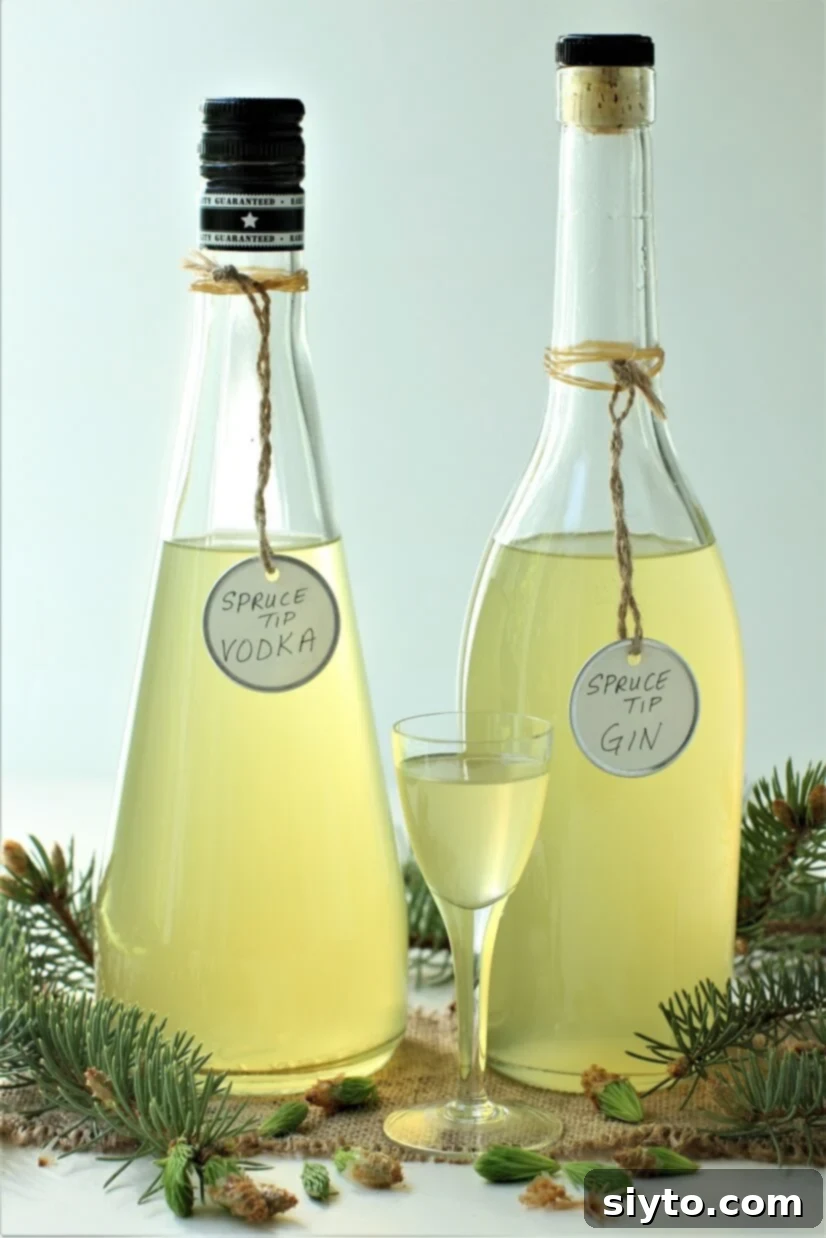 two bottles of spruce tip liqueur with a sample glass
