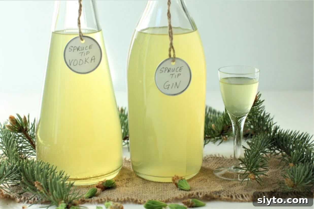 two bottles of spruce tip liqueur with a sample in a glass
