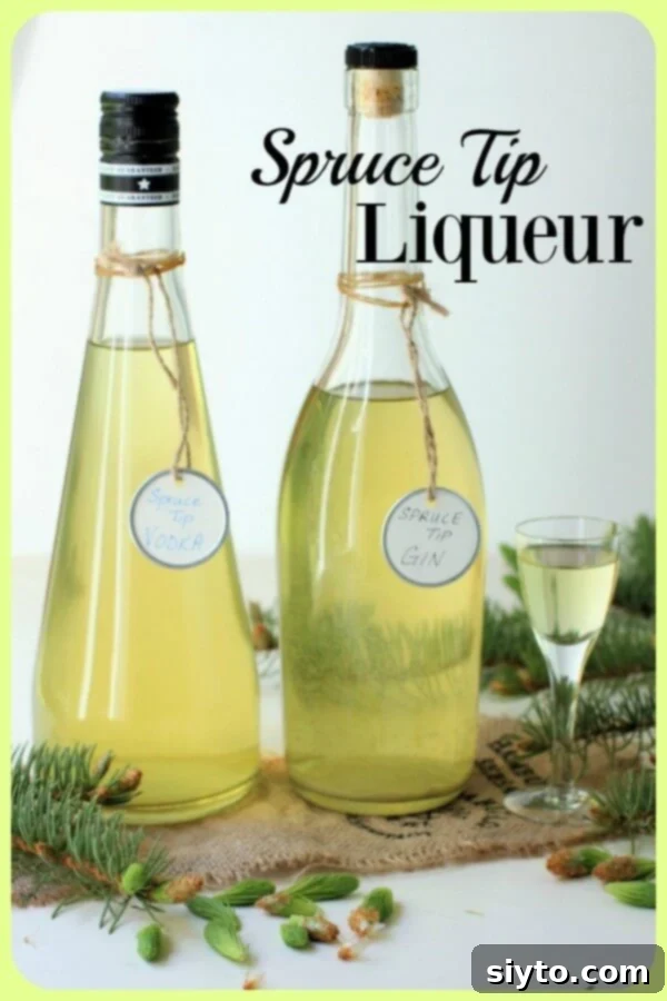 a bottle of spruce tip vodka and a bottle of spruce tip gin with a shot glass of liqueur