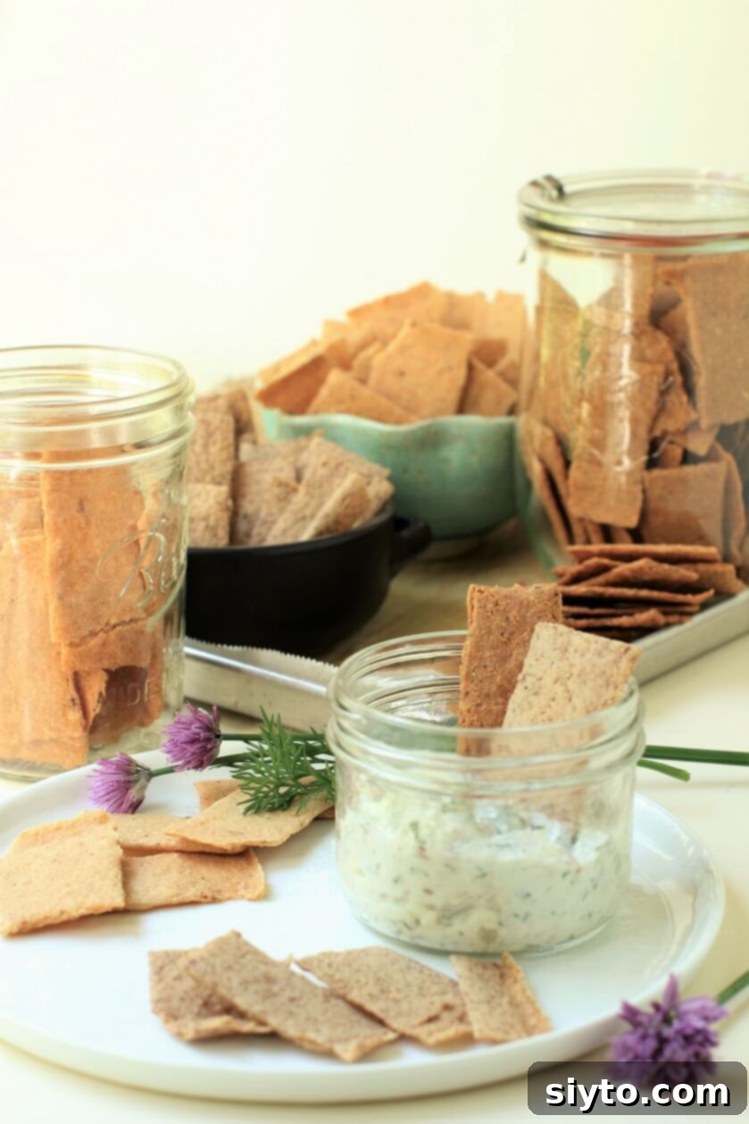 Artisan Gluten Free Sourdough Crackers 3 different types of sourdough crackers, with a jar of dip, highlighting customization