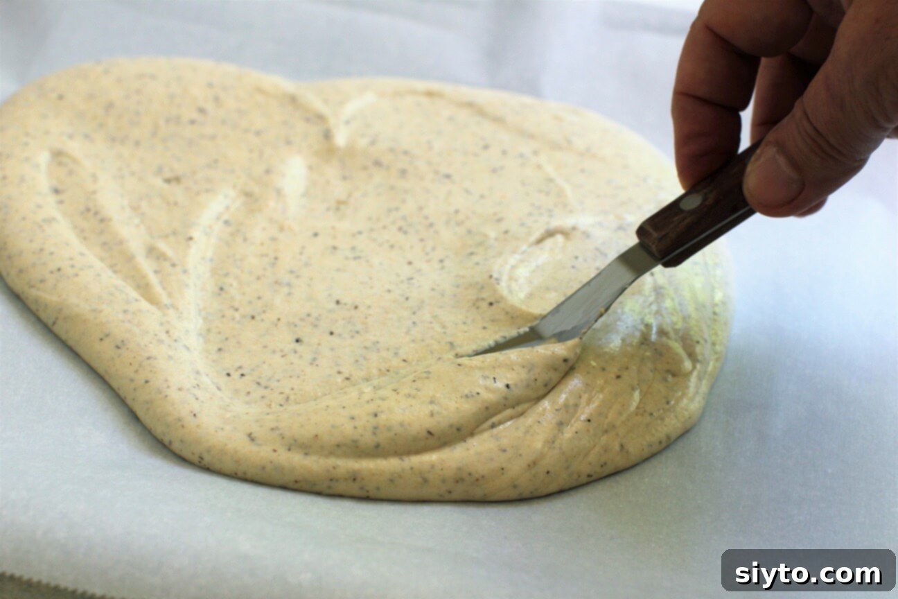 Artisan Gluten Free Sourdough Crackers 6 Spreading sourdough cracker batter thinly on parchment paper