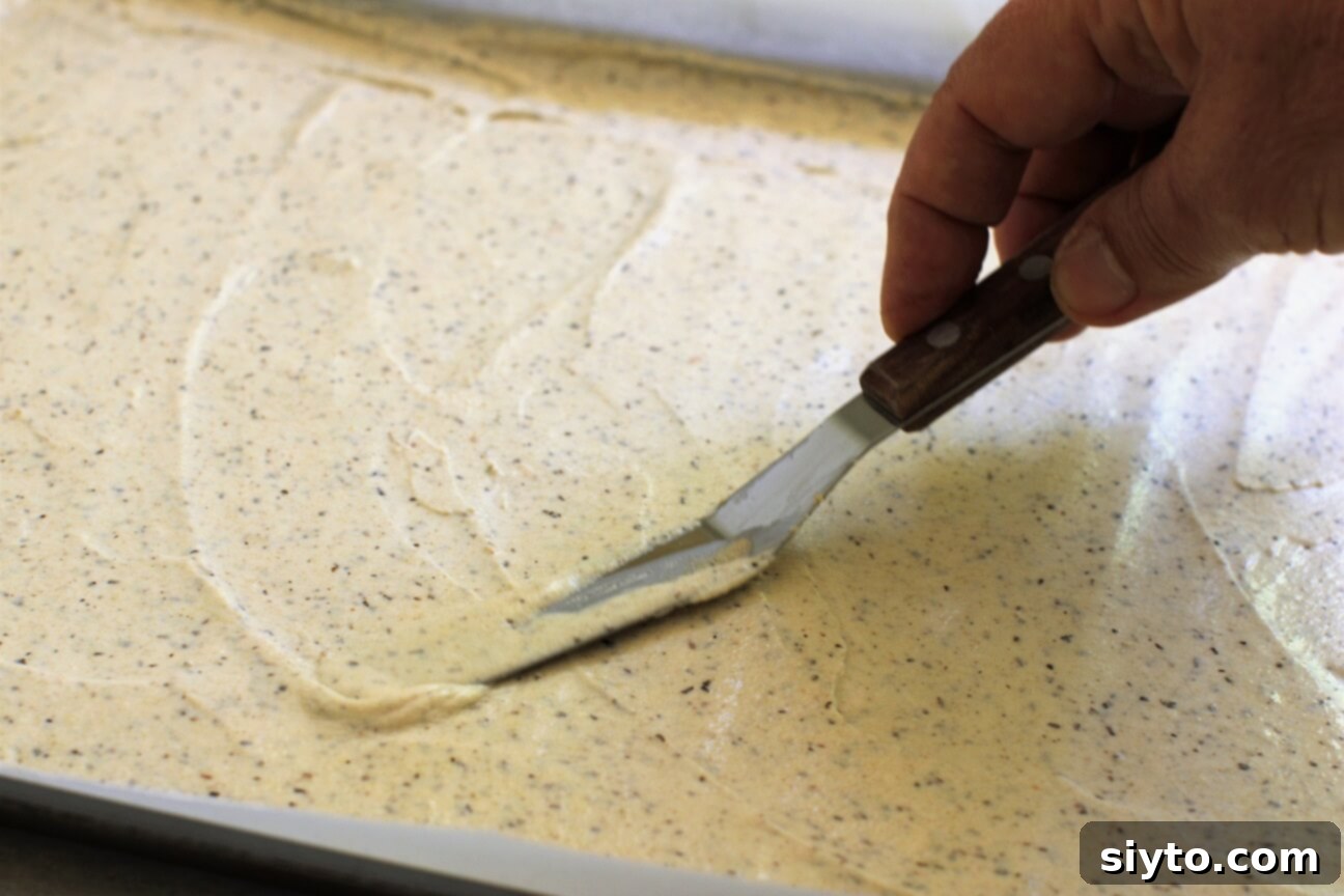 Artisan Gluten Free Sourdough Crackers 7 spreading a nice thin layer of batter on baking sheet