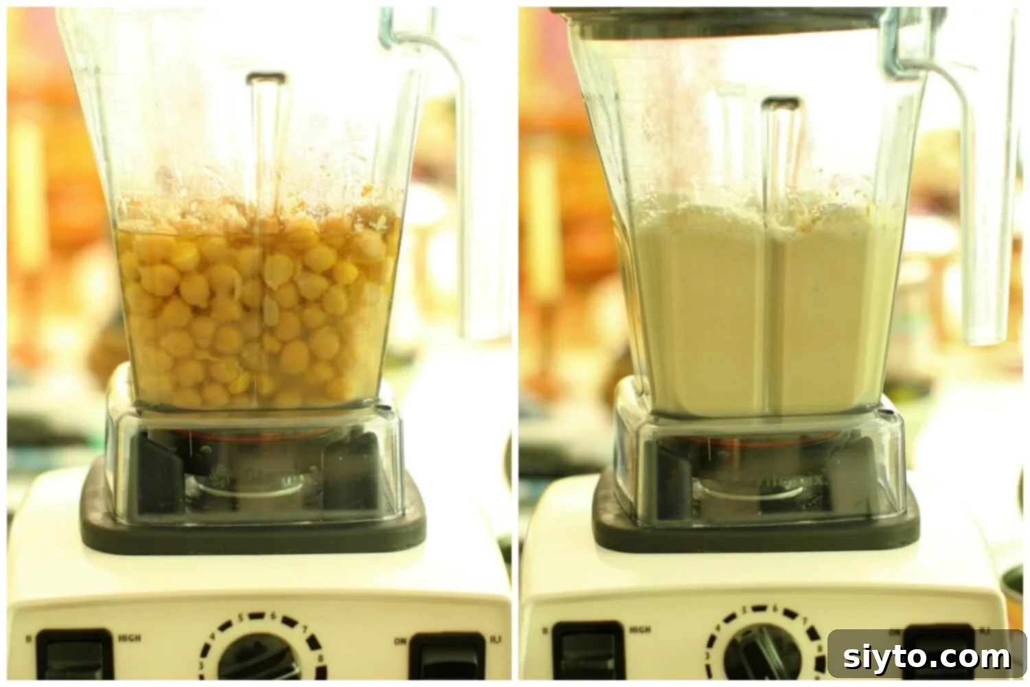 Close-up of hummus being blended to perfection in a high-speed Vitamix, illustrating the smooth and efficient process.