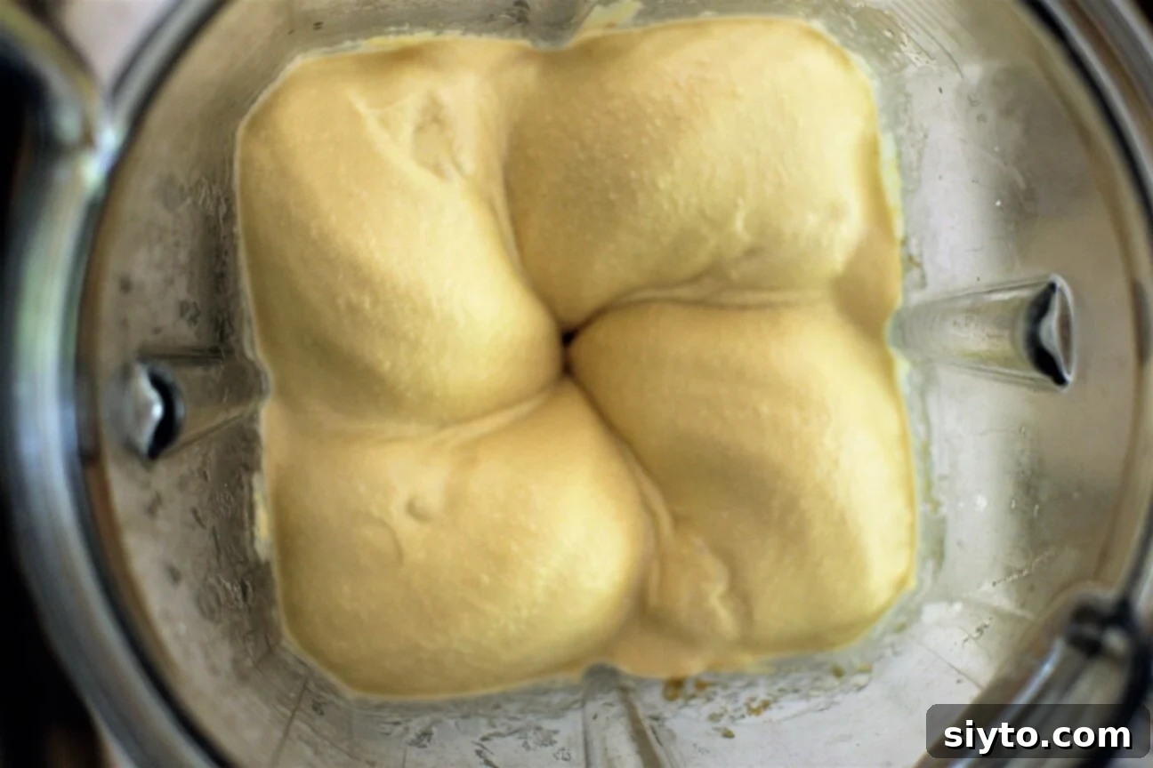 Overhead shot looking down at the perfectly blended, smooth, and creamy hummus inside the blender pitcher, ready to be transferred to a serving bowl.