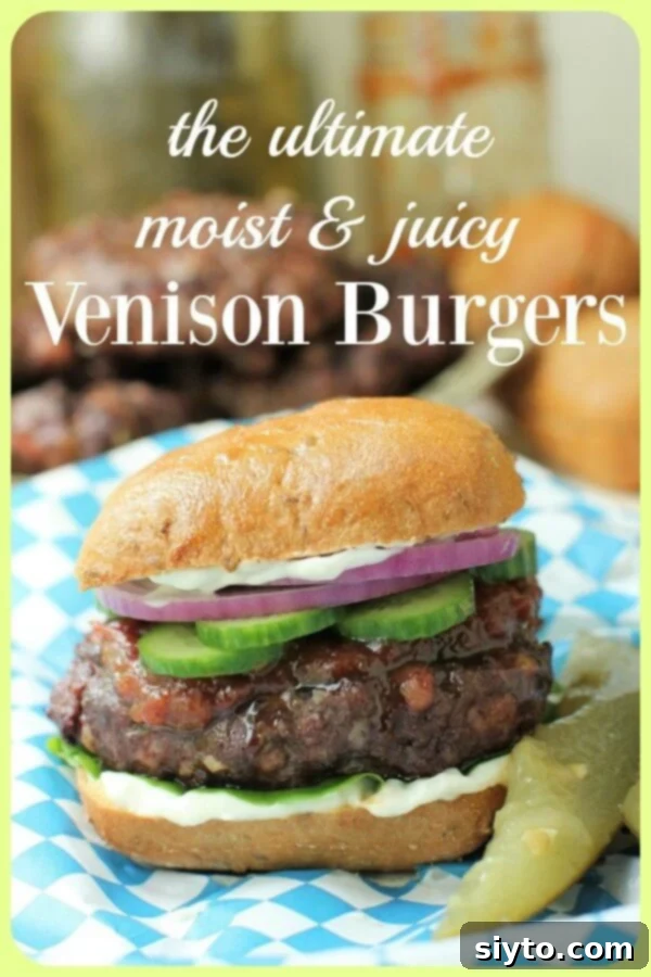 a moist and juicy venison burger on a bun, layered with mayo, tomato jam, cucumbers, and red onions