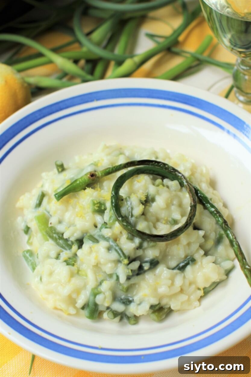 Garlic Scape Risotto is ready and adorned with a grilled scape