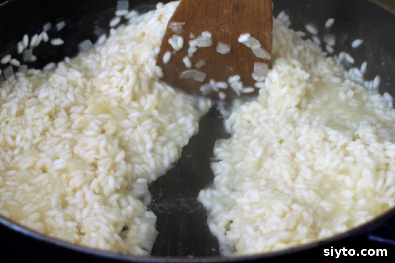 scrape a trail in the risotto pot - when it stays open for a few seconds, you can add the next ladle full of liquid