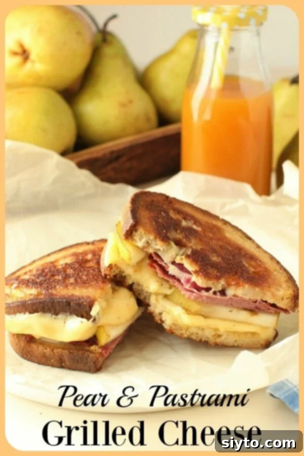 Pinterest banner for Pear & Pastrami Grilled Cheese featuring the finished sandwich