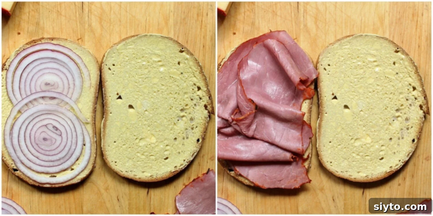 Step-by-step photos showing layering thinly sliced red onion and pastrami on bread