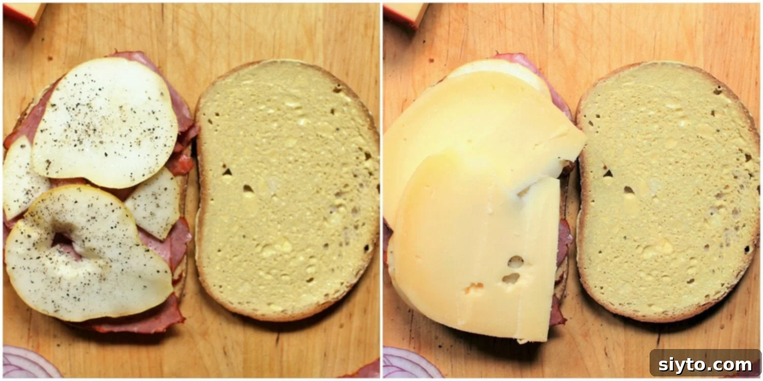 Step-by-step photos showing adding thick pear slices, fresh pepper, and gouda cheese