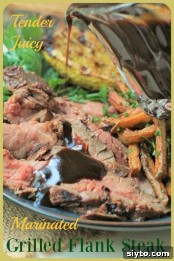 Banff's Best Bites Marinated Flank Steak and Mountain Views 27 Full dinner plate banner with grilled marinated flank steak, fries, and zucchini, perfect for pinning