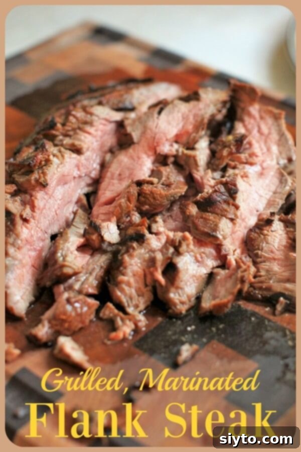 Banff's Best Bites Marinated Flank Steak and Mountain Views 28 Sliced marinated flank steak on a cutting board, showcasing its tender texture and juicy interior, with title overlay for pinning