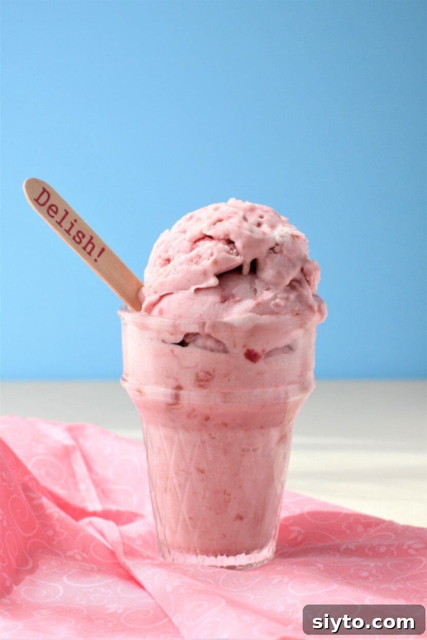cup of honey rhubarb ice cream with wooden 'delish' spoon stuck into it