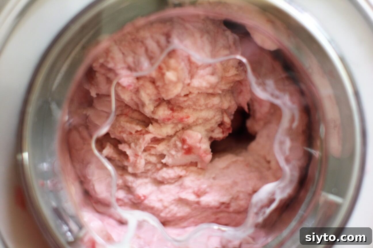 looking down into the ice cream machine as it churns