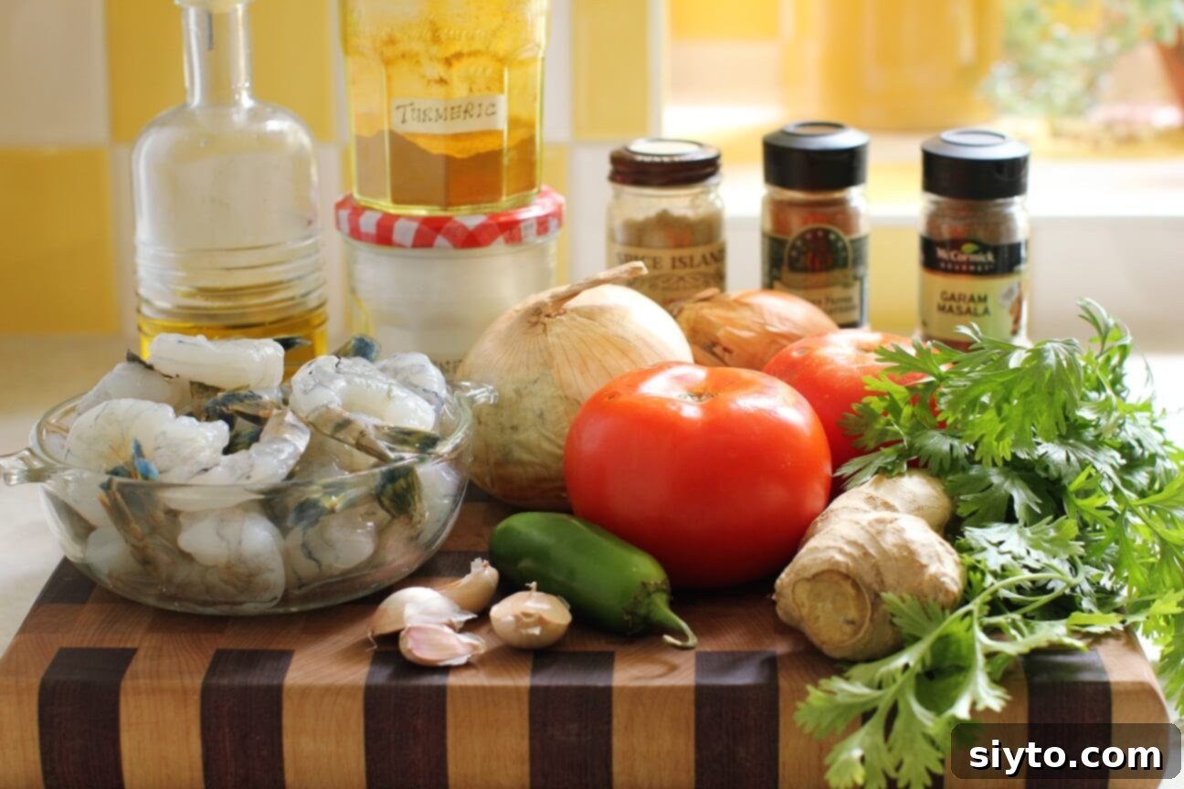 ingredients for the shrimp curry laid out