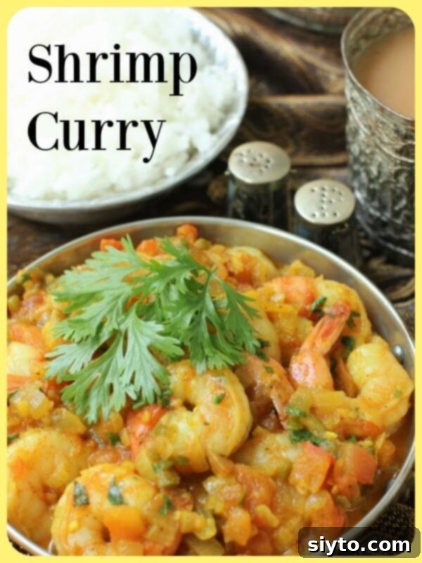 Shrimp Curry Pinterest Banner featuring the dish