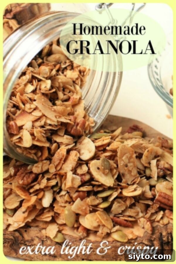 A close-up shot of light and crispy granola dramatically tumbling out of a glass jar, showcasing its texture and appeal.
