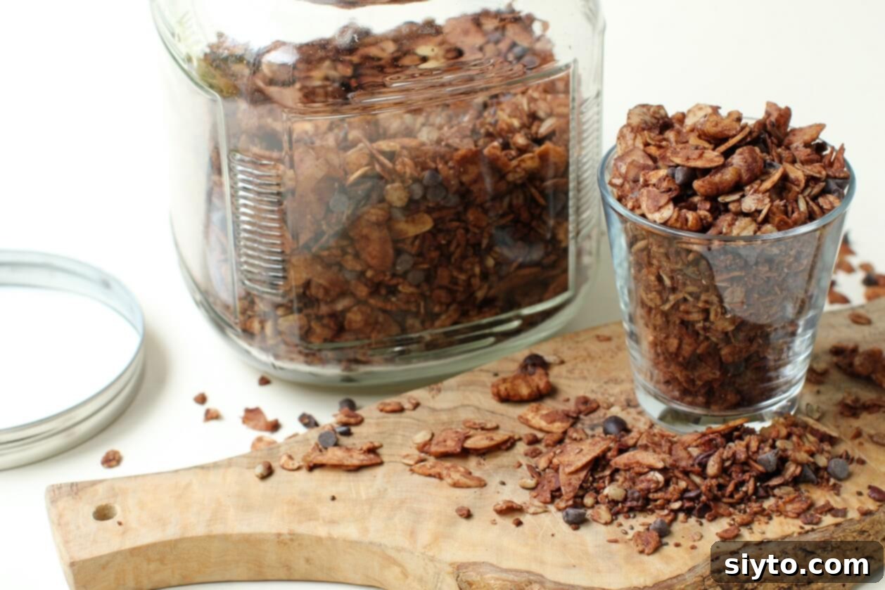 A glass jar and a small pot filled with a rich, dark chocolate granola, showcasing its decadent color and tempting texture.