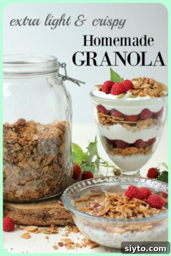 A collage image featuring a jar of granola, a granola parfait, and a breakfast bowl with text overlay, ideal for Pinterest saving.