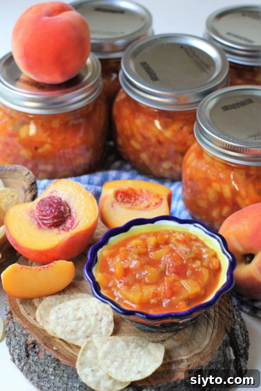 a small bowl of peach salsa, peaches, tortilla chips, jars of canned peach salsa