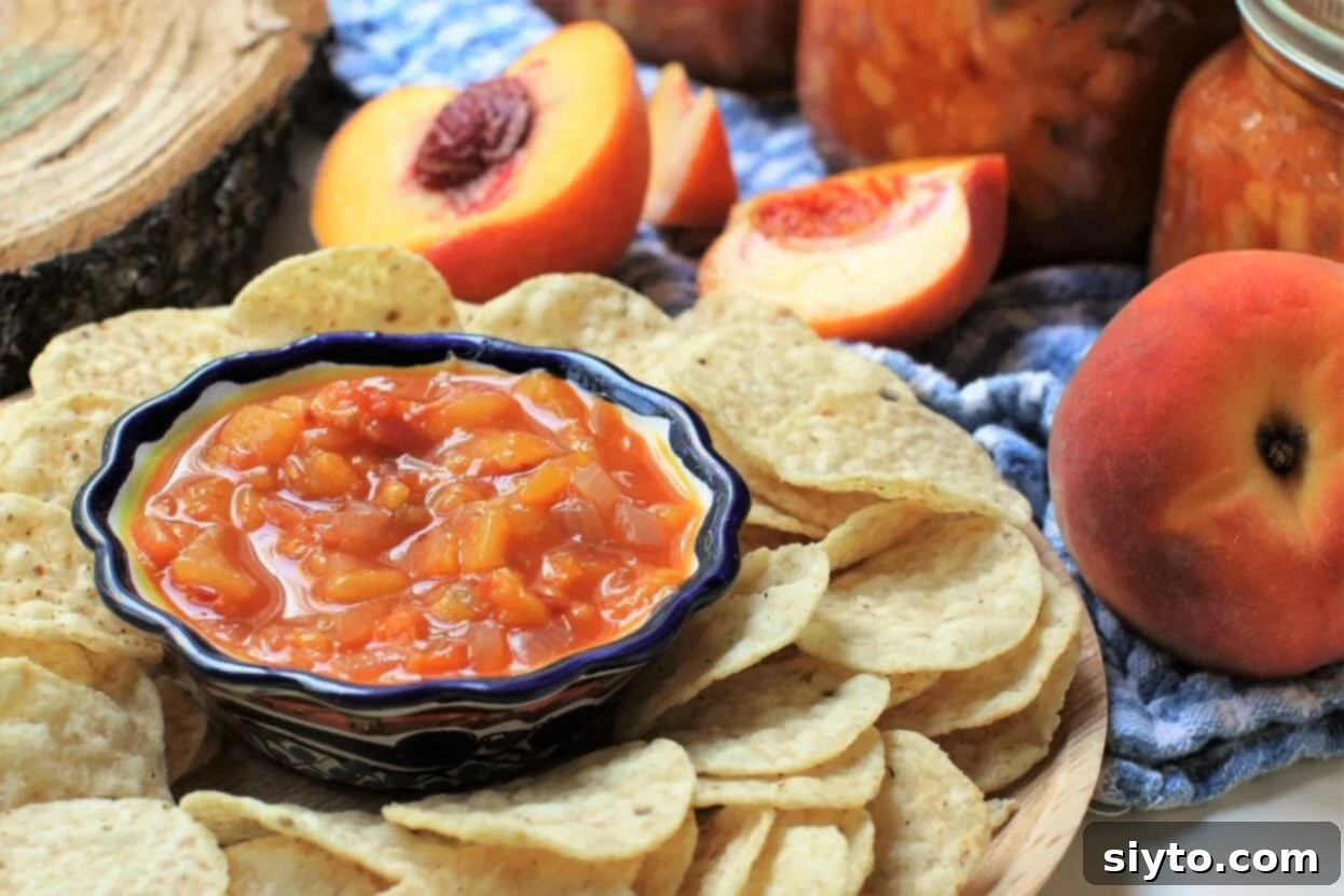 blue-rimmed bowl of peach salsa surrounded by tortilla chips for dipping
