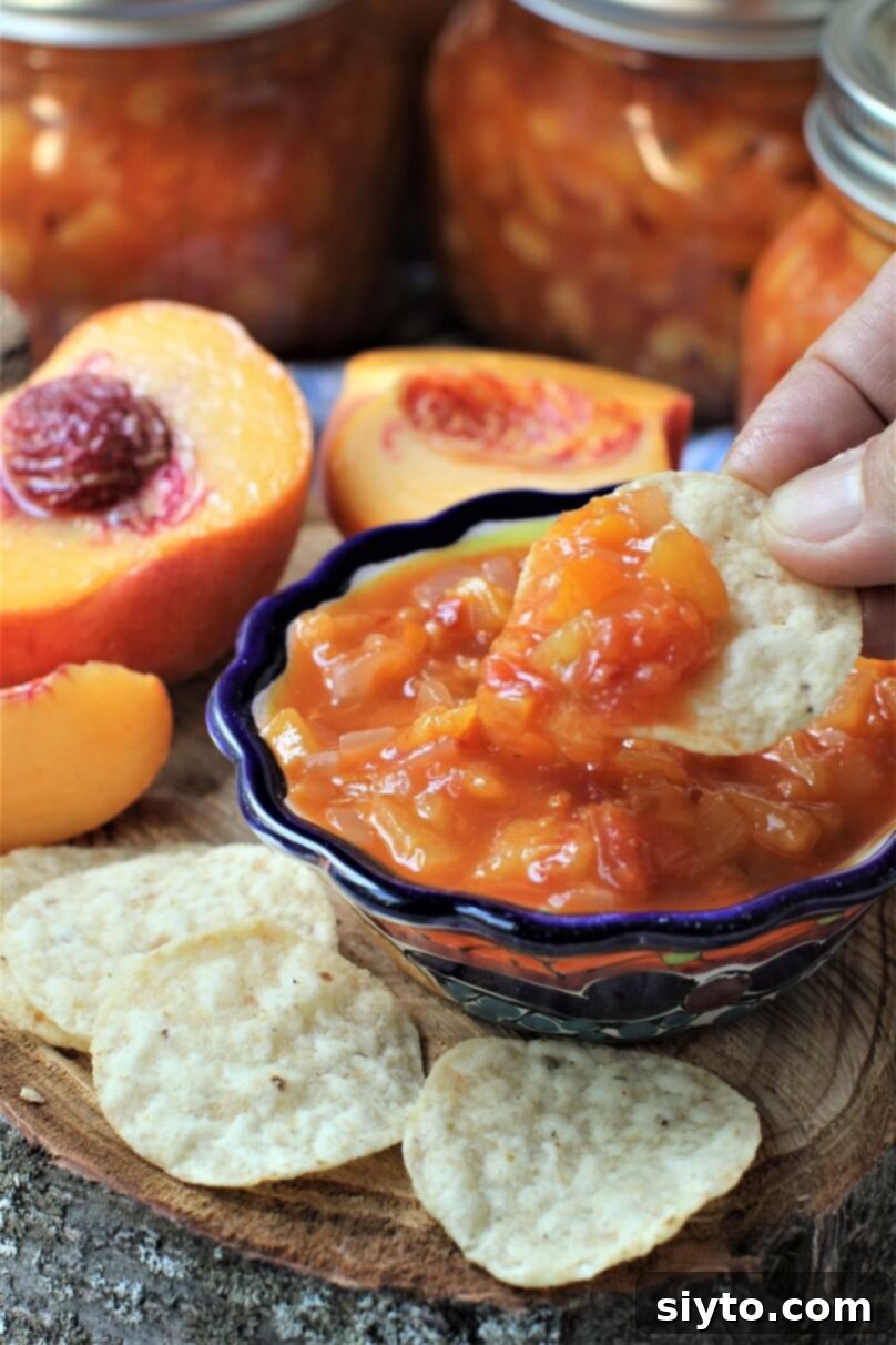 scooping up a tortilla chip of the salsa