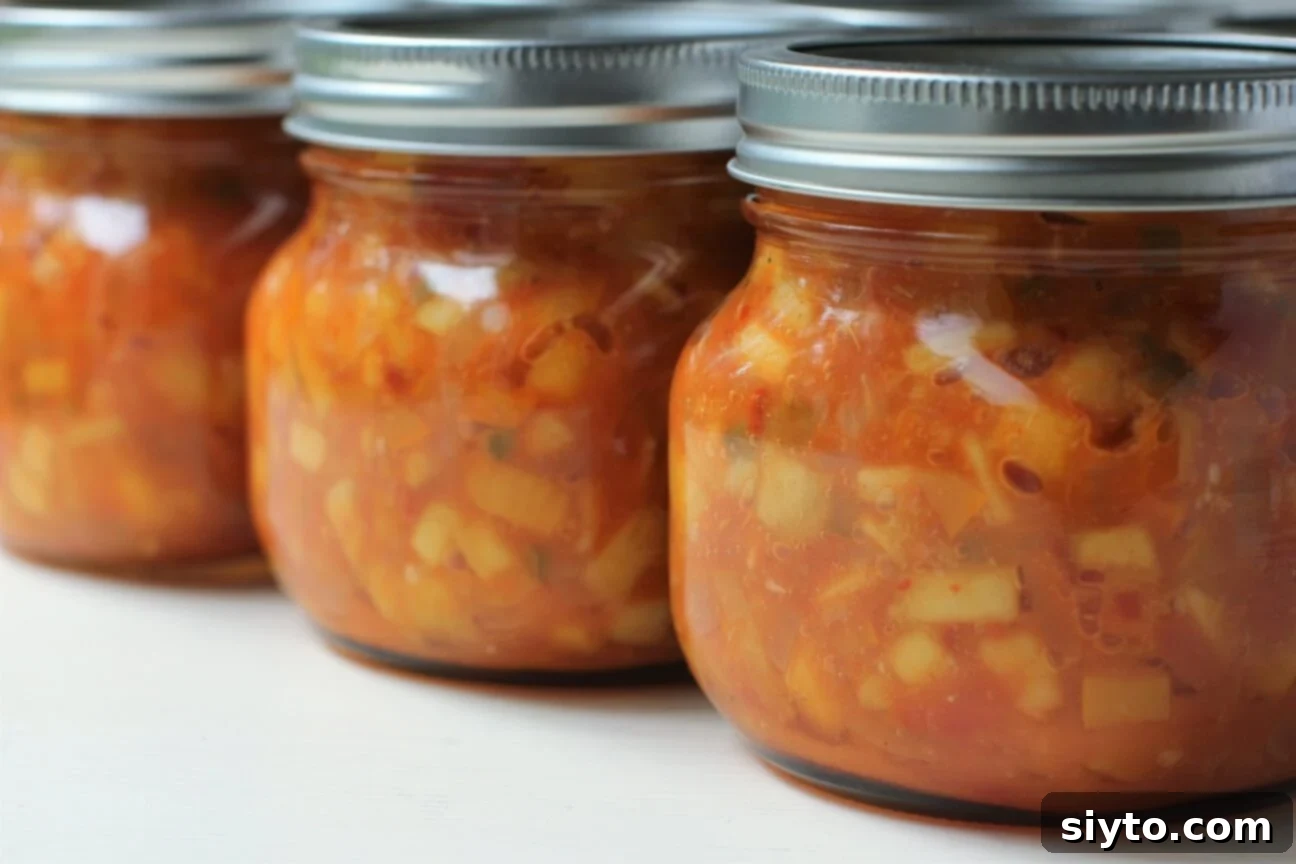 jars of peach salsa sitting in a line