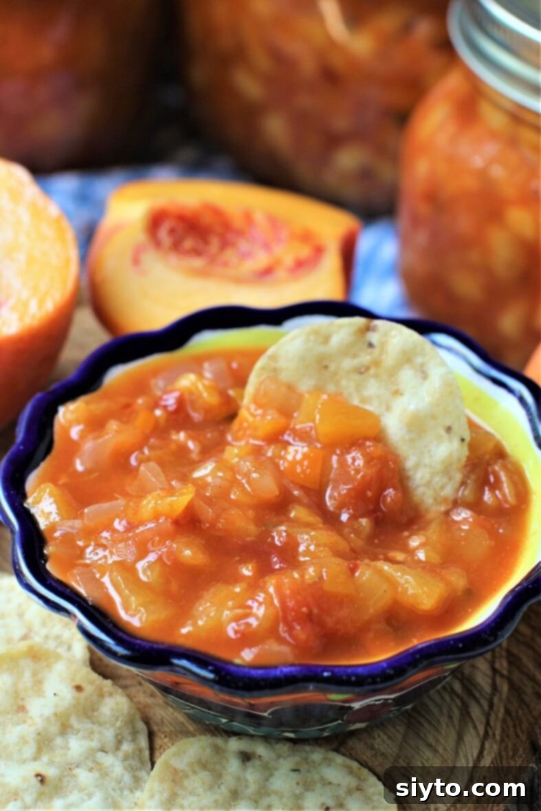 peach salsa in a bowl with a tortilla chuck sitting in it