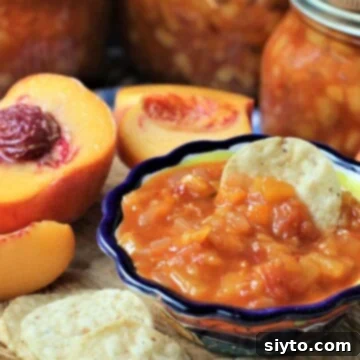 bowl of peach salsa with tortilla chip