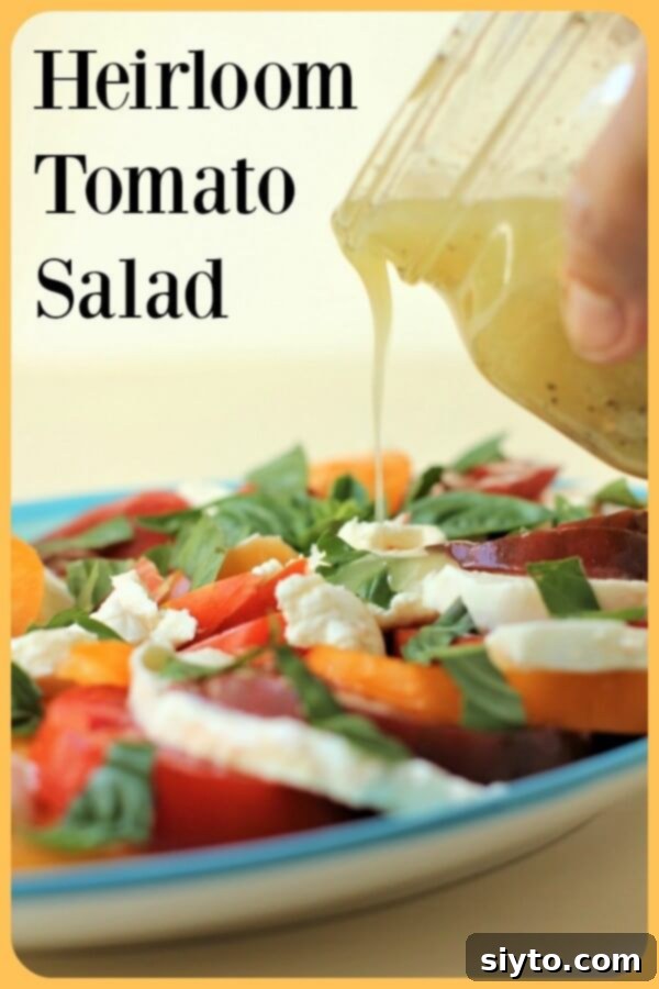Heirloom Tomato Salad Banner, pouring vinaigrette over the salad