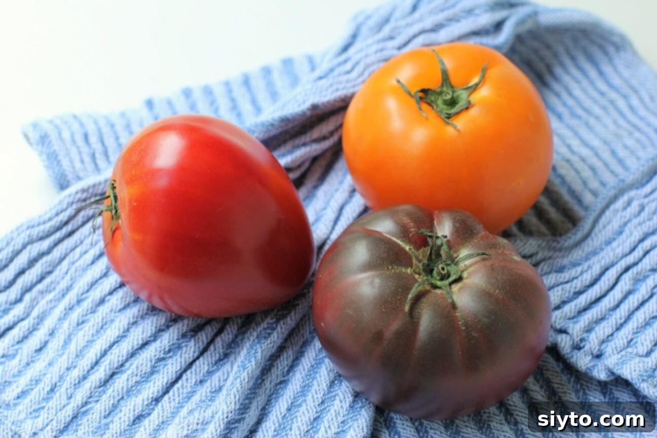 three different coloured heirloom tomatoes on a blue towel