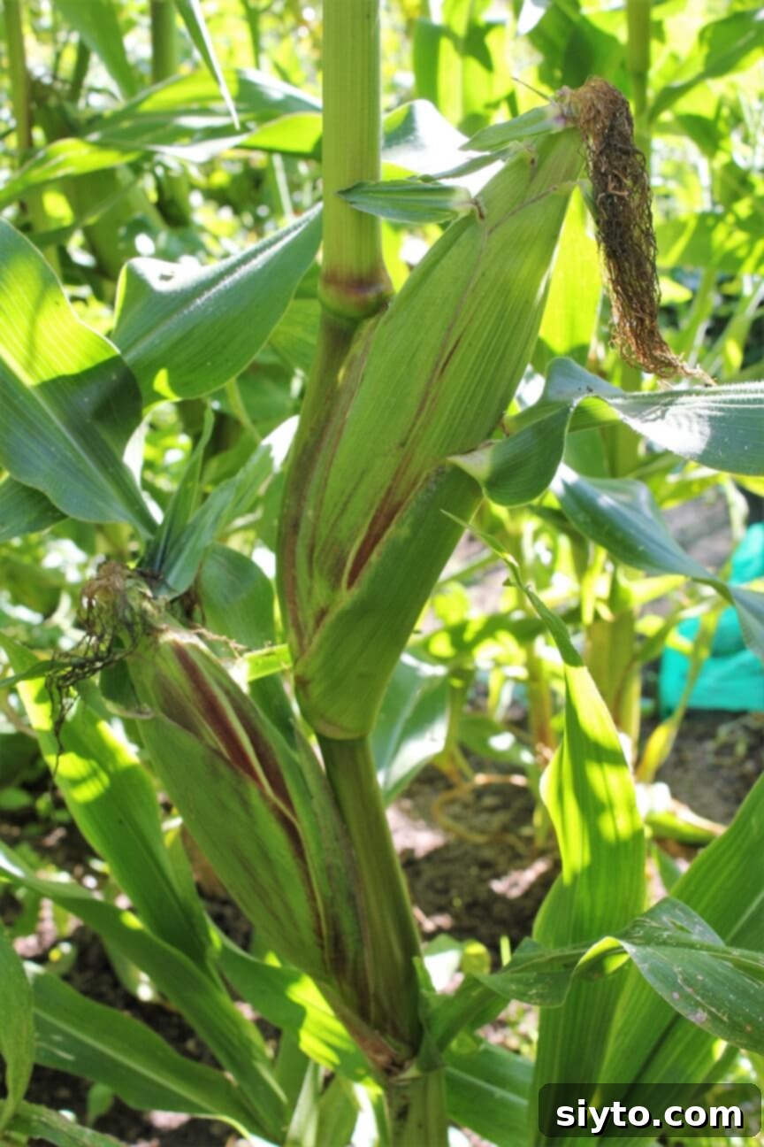 close up of corn cobs on the stalk