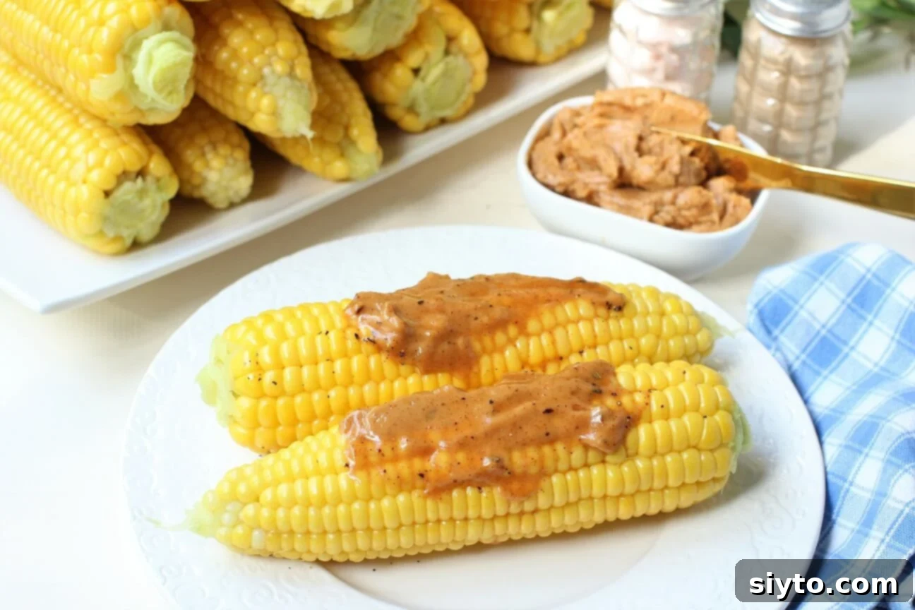 couple cobs of corn topped with chili butter ready for nibbling