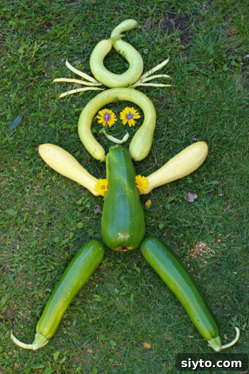 An arrangement of zucchini and summer squash on a lawn, playfully designed to resemble a smiling alien creature