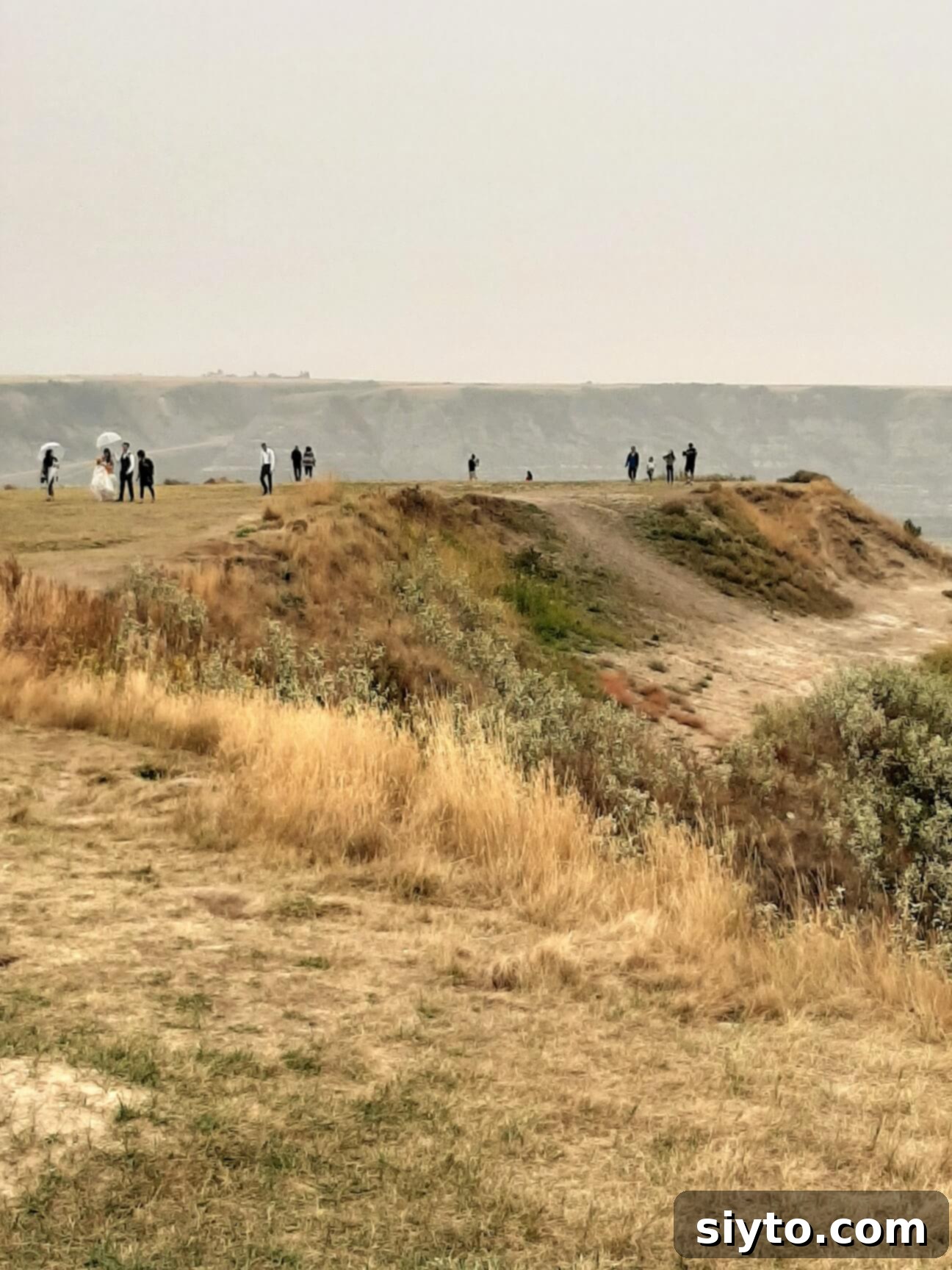 A wedding party posing for photos in the distance against the stunning backdrop of Horsethief Canyon, with its unique rock formations and vast open spaces.